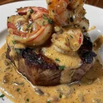 Filet Mignon topped with shrimp and lobster cream sauce served on a plate