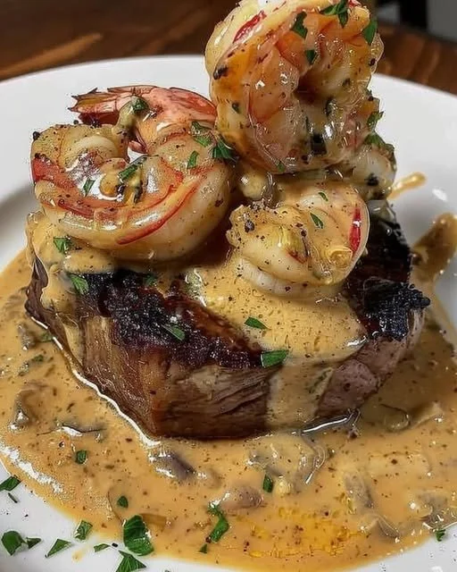 Filet Mignon topped with shrimp and lobster cream sauce served on a plate