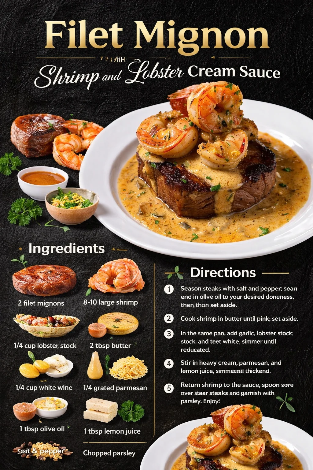 Filet Mignon with Shrimp and Lobster Cream Sauce
