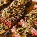 French seared steak topped with cognac cream sauce on a plate