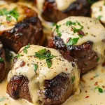 Garlic Butter Steak Bites topped with Parmesan Cream Sauce on a plate