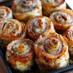 Plate of delicious Ham and Cheese Pinwheels ready to serve at a party.