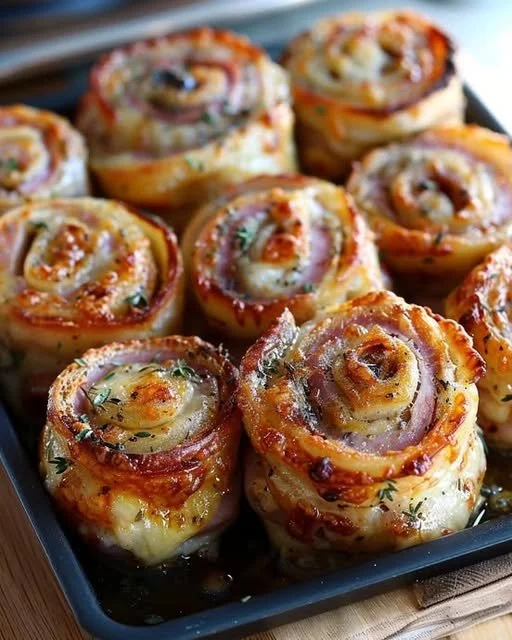 Plate of delicious Ham and Cheese Pinwheels ready to serve at a party.