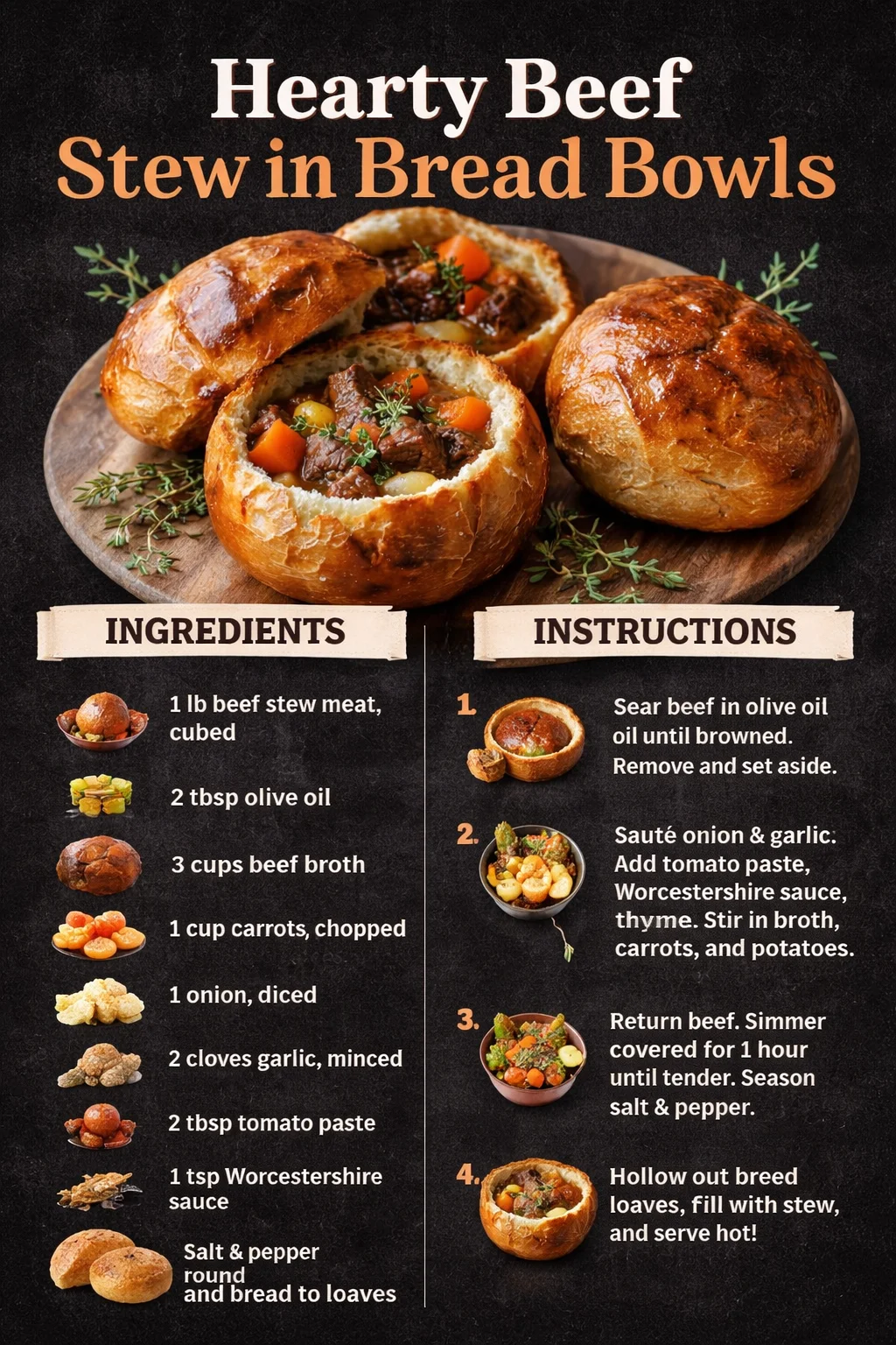 Hearty Beef Stew in Bread Bowls