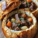 Hearty beef stew served in rustic bread bowls, ideal for cozy meals.