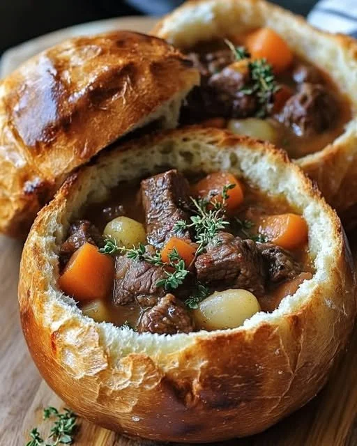 Hearty beef stew served in rustic bread bowls, ideal for cozy meals.