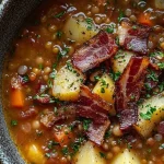 Hearty lentil and bacon soup in a bowl garnished with fresh herbs.