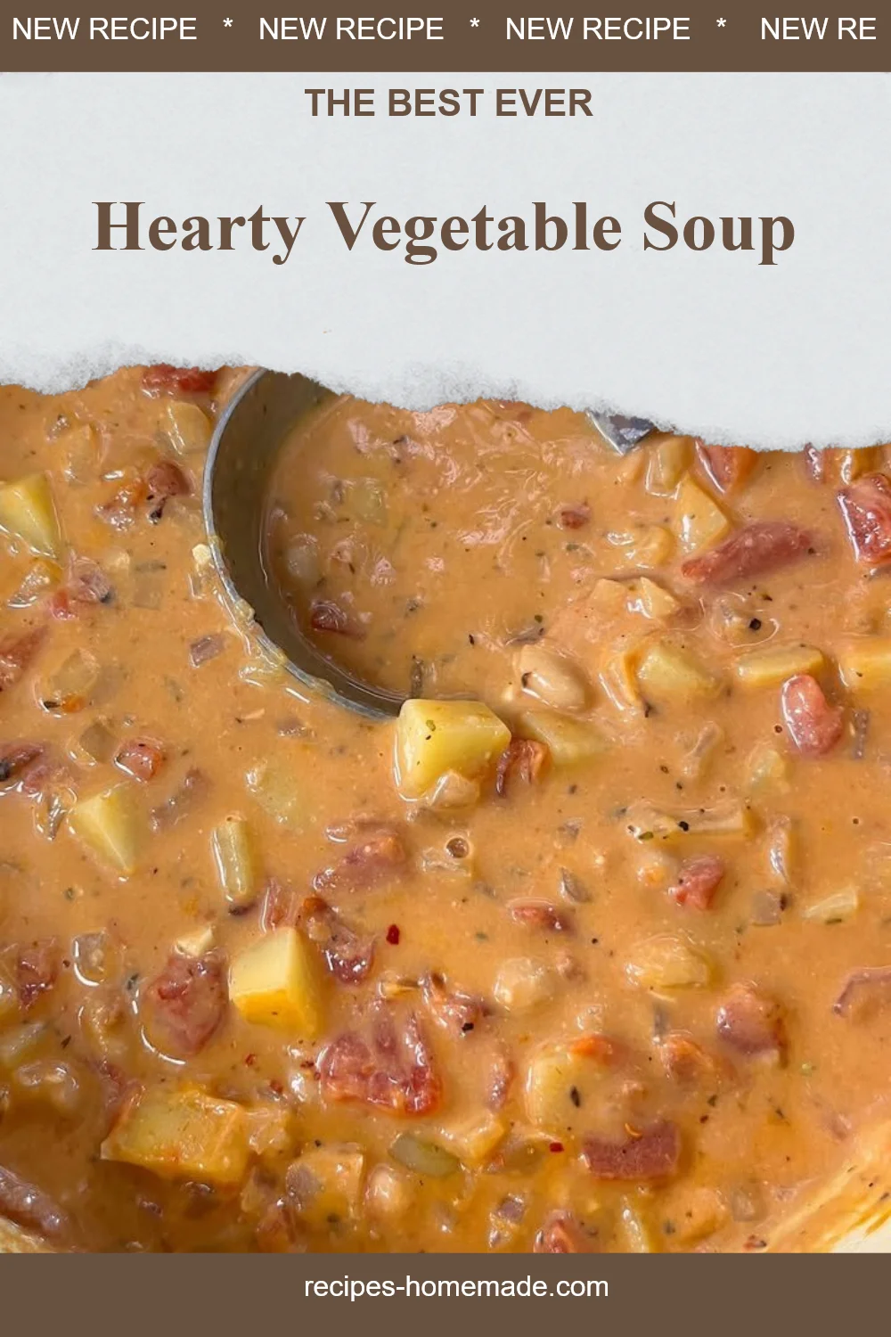 Bowl of hearty vegetable soup filled with colorful vegetables and herbs