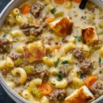 Delicious one pot macaroni cheeseburger soup garnished with cheese and parsley