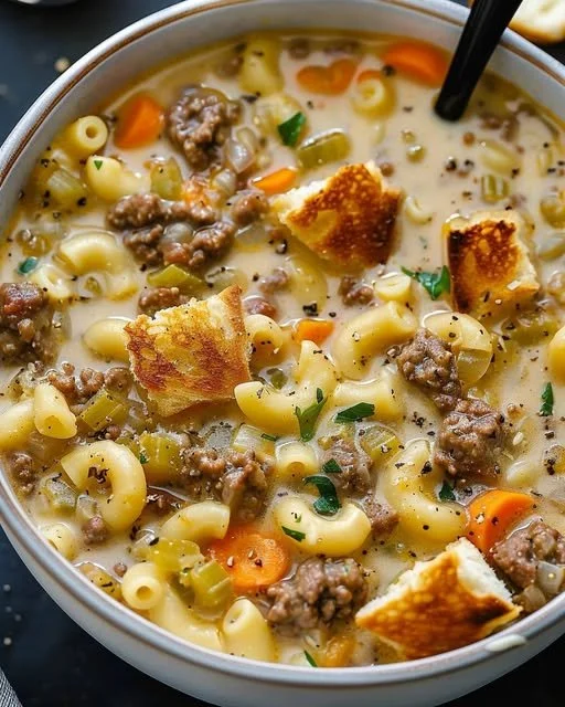 Delicious one pot macaroni cheeseburger soup garnished with cheese and parsley