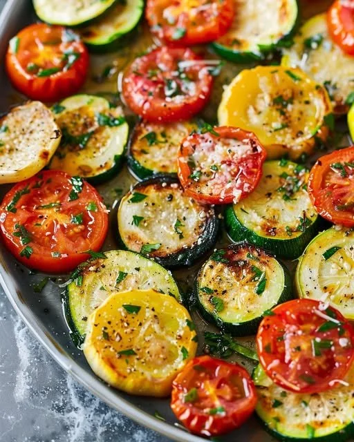 Oven-Roasted Zucchini, Squash, and Tomatoes with Parmesan
