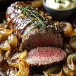 Delicious roasted beef tenderloin served with French onions and horseradish sauce