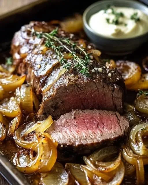 Roasted Beef Tenderloin with French Onions and Horseradish Sauce