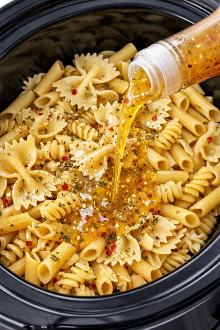 Plate of slow cooker pasta tossed with Italian dressing and fresh ingredients.