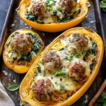 Spaghetti squash served with cheesy meatballs and garlic herb butter in a bowl.