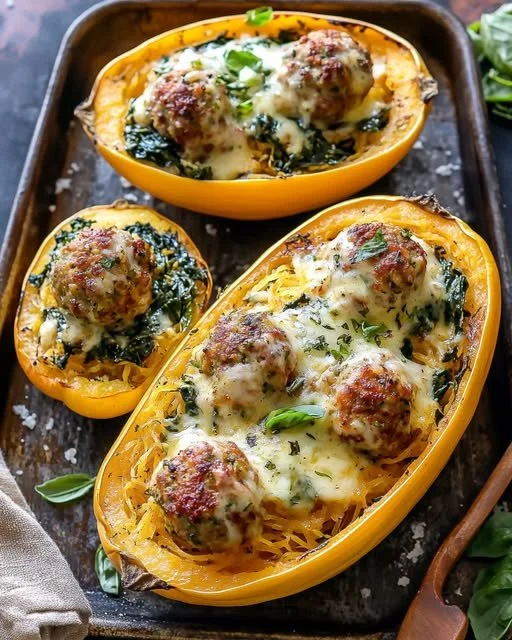 Spaghetti squash served with cheesy meatballs and garlic herb butter in a bowl.