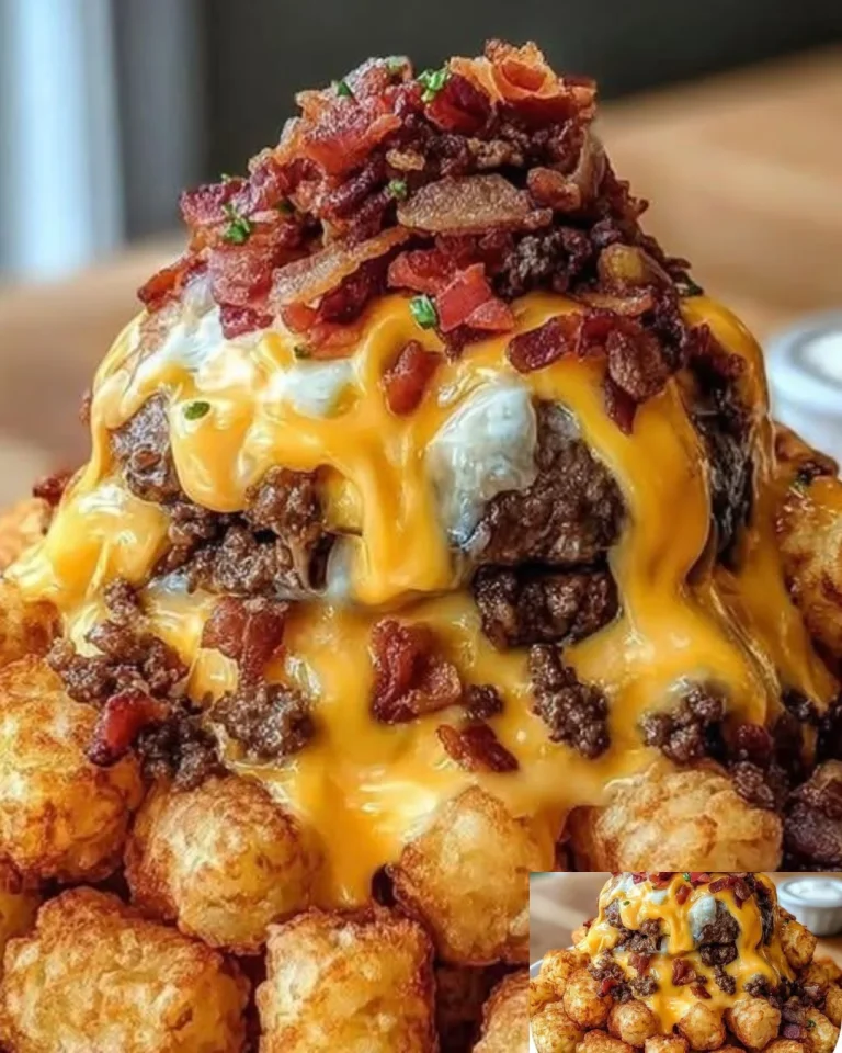Bacon cheeseburger stuffed tater tot cones topped with melted cheese and crispy bacon.