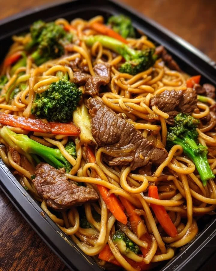 Delicious bowl of Beef Lo Mein with stir-fried noodles and vegetables.