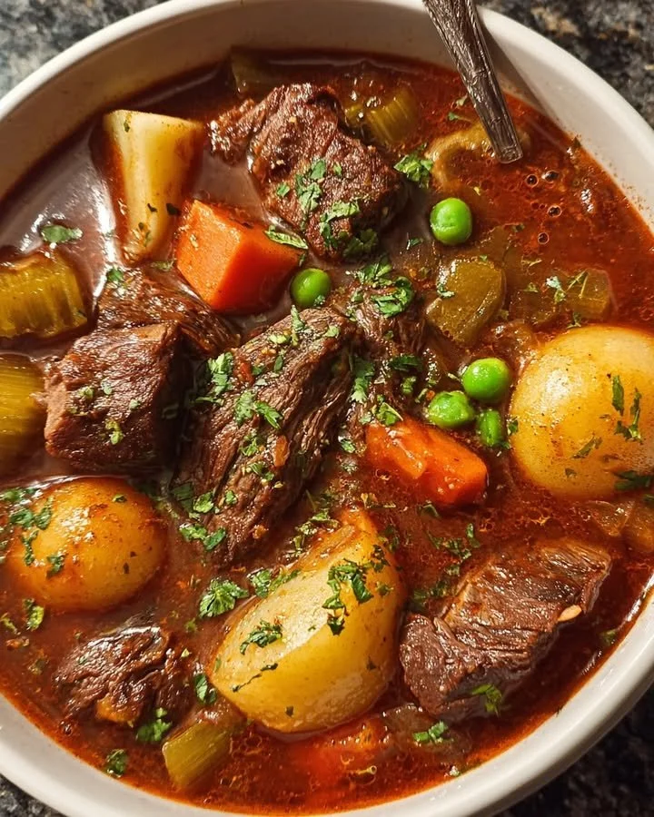 A bowl of hearty beef stew soup with vegetables and savory broth