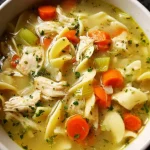 Bowl of homemade chicken noodle soup with fresh vegetables and herbs