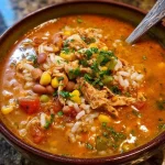 Bowl of creamy Chipotle Chicken Soup garnished with herbs and spices