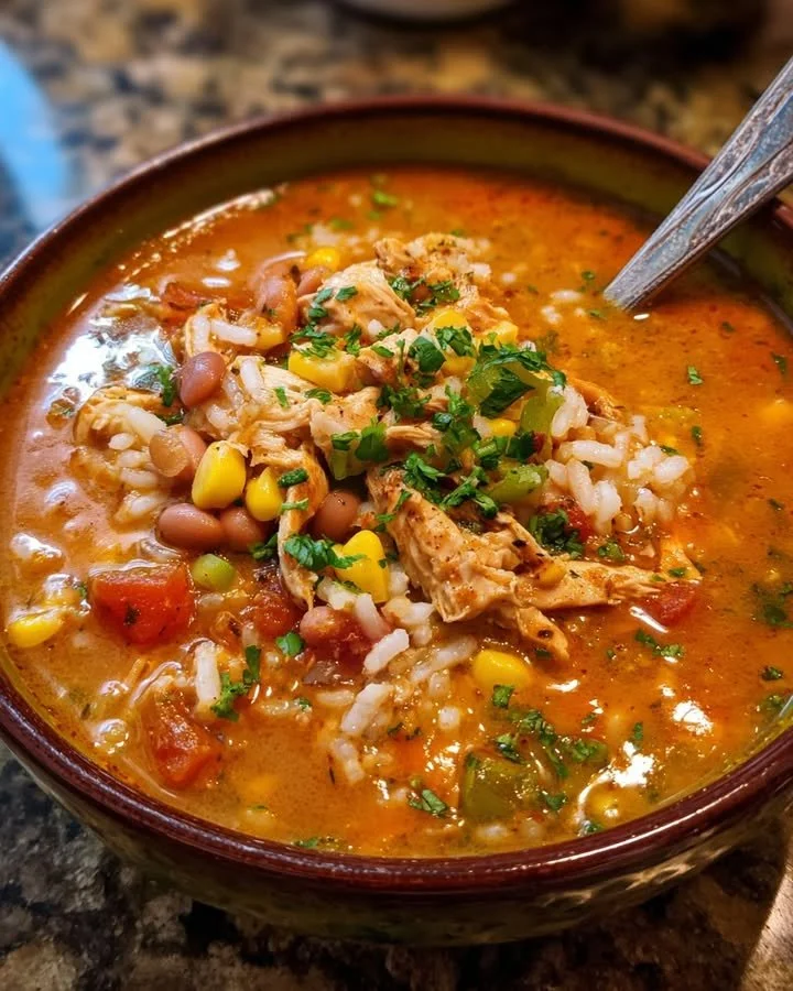 Bowl of creamy Chipotle Chicken Soup garnished with herbs and spices