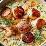 Creamy seafood chowder with seared scallops, celery, and garlic in a bowl