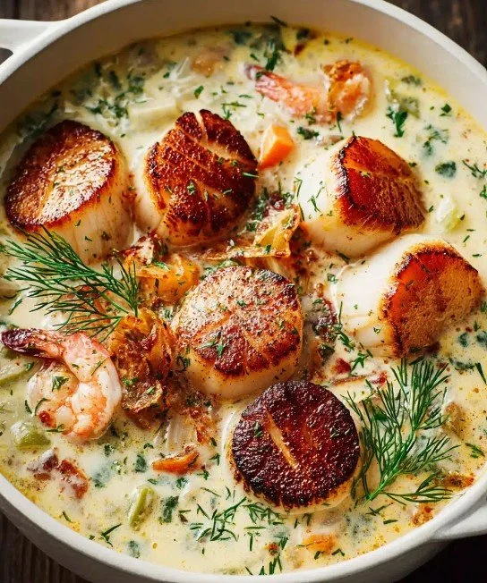 Creamy seafood chowder with seared scallops, celery, and garlic in a bowl
