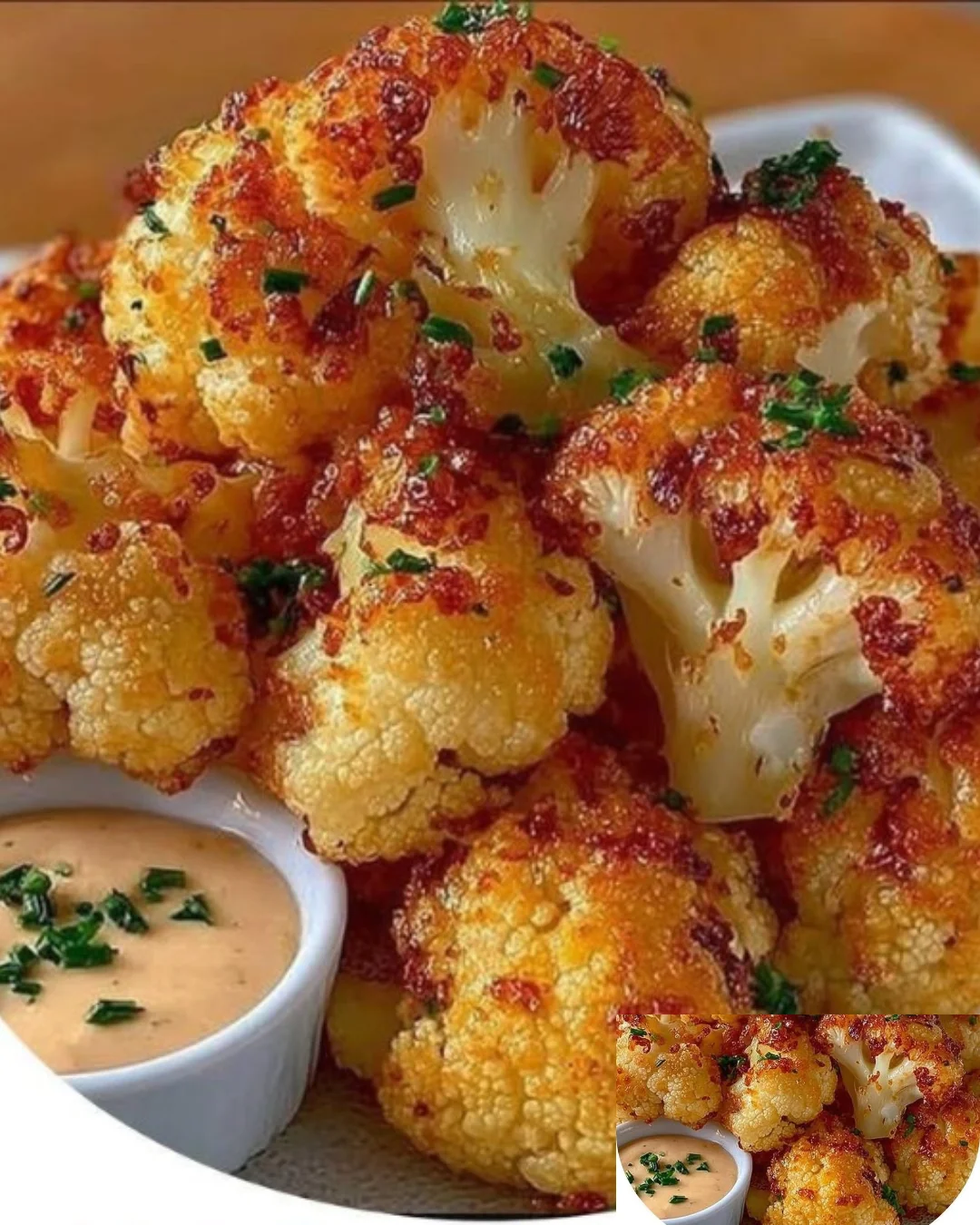 Bowl of crispy roasted cauliflower, seasoned and golden brown