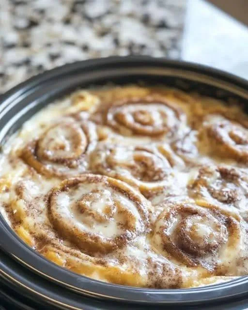 Crock-Pot cinnamon roll casserole fresh out of the slow cooker with icing