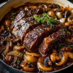 Delicious French Onion Mushroom Pot Roast served with vegetables