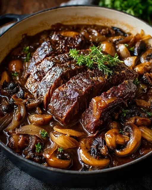 Delicious French Onion Mushroom Pot Roast served with vegetables