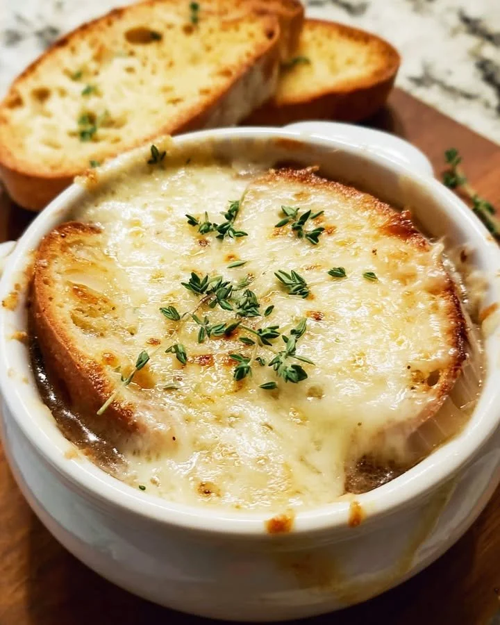 Deliciously cheesy French Onion Soup with caramelized onions and crusty bread