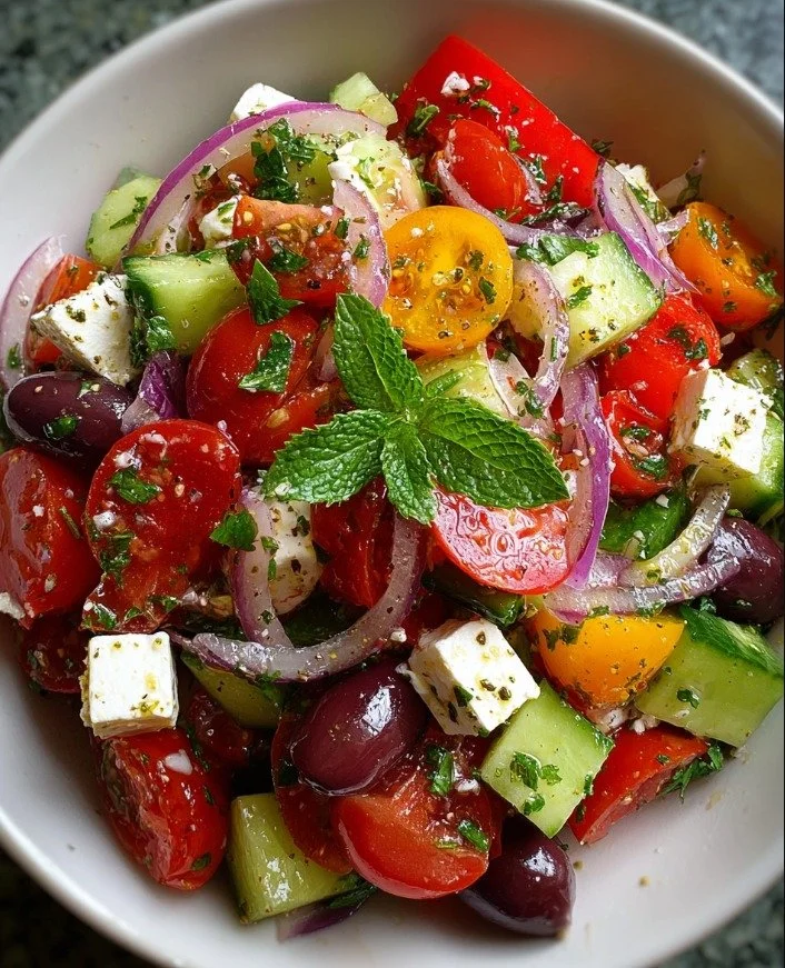 Fresh Mediterranean Greek salad with tomatoes, cucumbers, feta cheese, and olives