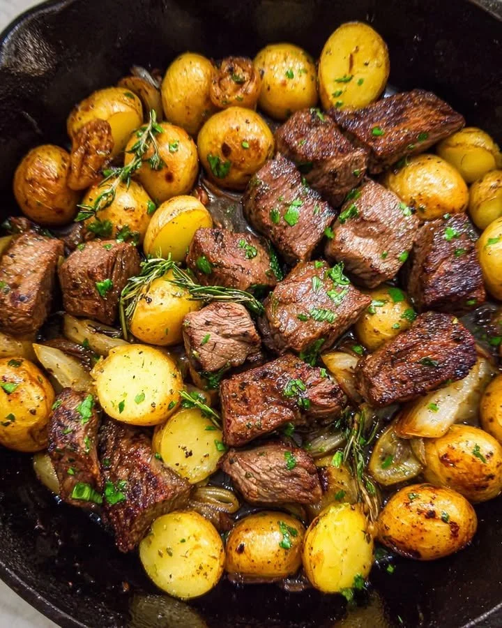 Delicious Garlic Butter Steak and Potato Skillet dish on a rustic wooden table