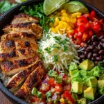 Grilled chicken burrito bowl with fresh vegetables and toppings