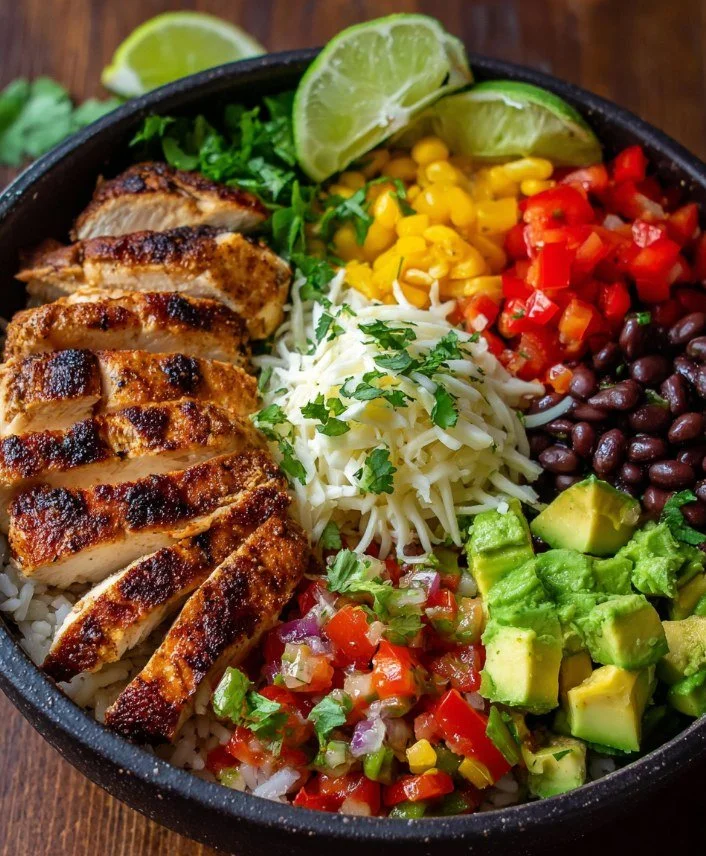 Grilled chicken burrito bowl with fresh vegetables and toppings