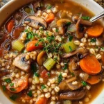 A bowl of delicious mushroom barley soup garnished with fresh herbs.