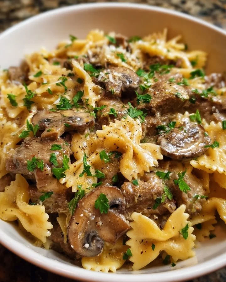 One pot beef stroganoff pasta in a skillet, ready to serve.