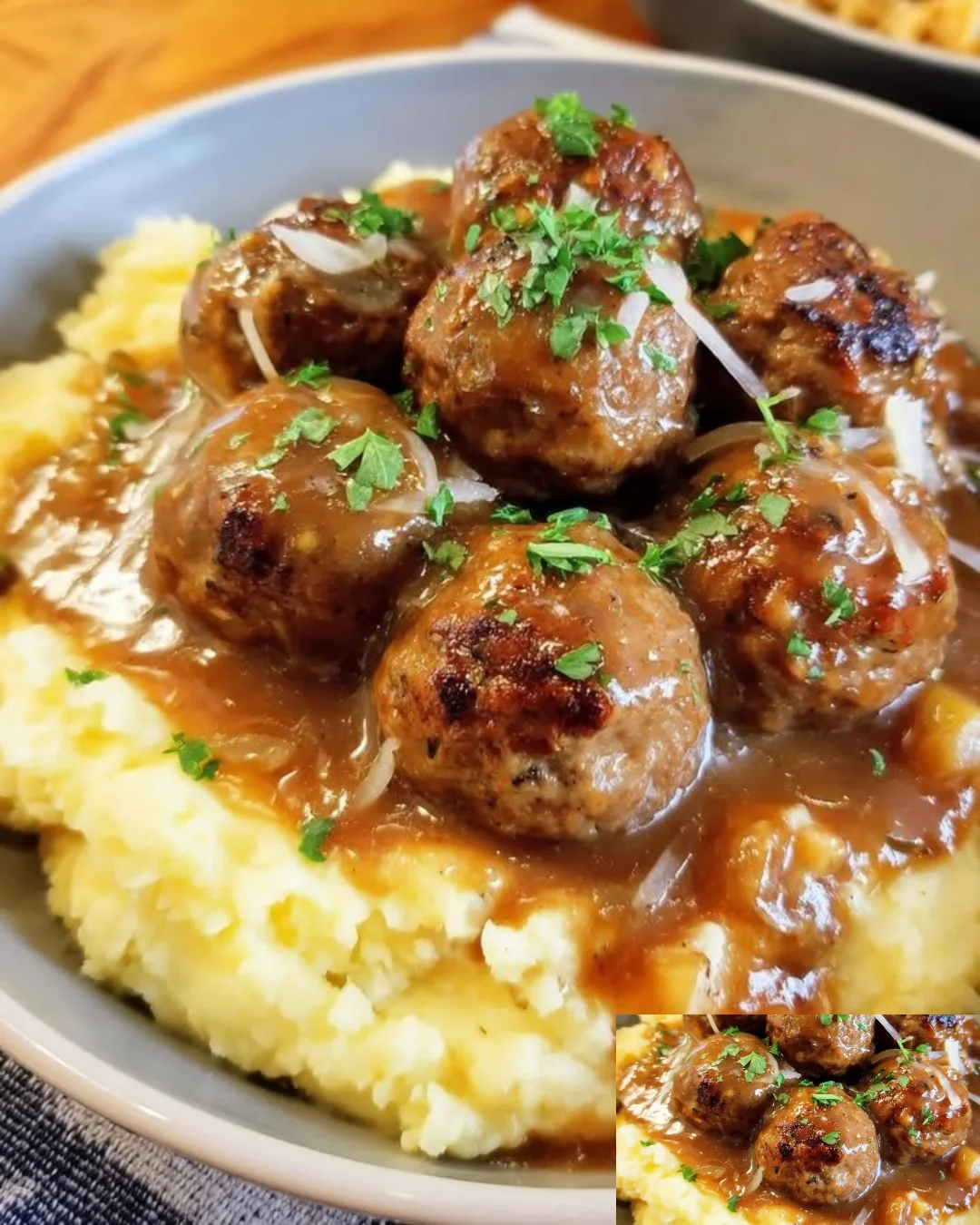 Salisbury steak meatballs served with rich onion gravy on a plate