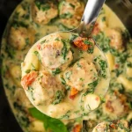 Slow Cooker Tuscan Chicken Meatballs with Gnocchi dish ready to serve