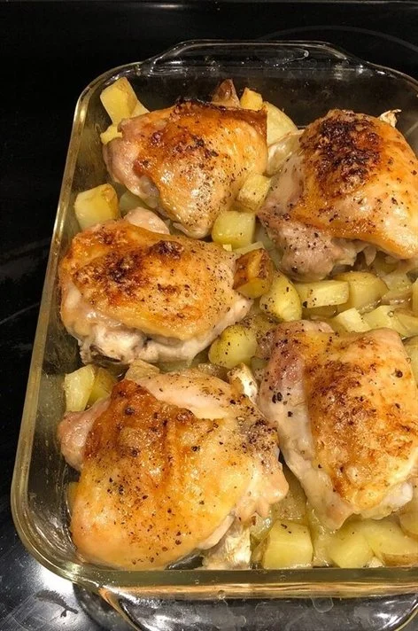 Garlic roasted chicken served with crispy potatoes