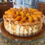 Peach Cobbler Cheesecake topped with fresh peaches and a crumbly crust