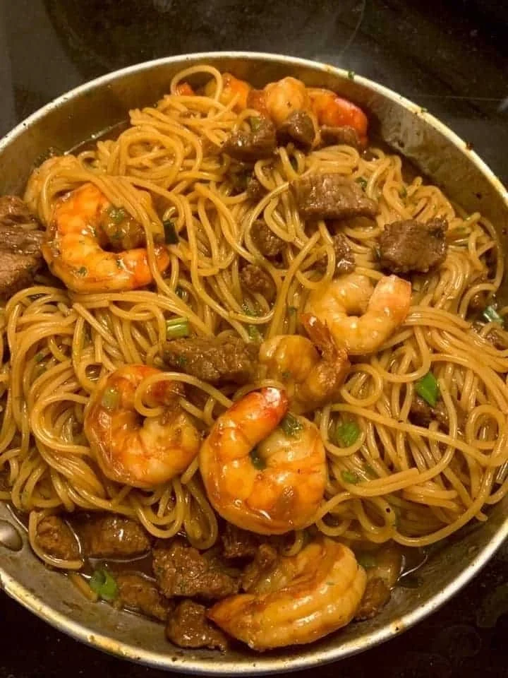 Shrimp Teriyaki Noodles with steak served in a bowl